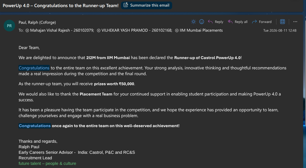 Email confirming the National Runner-Up result in Castrol PowerUp 4.0