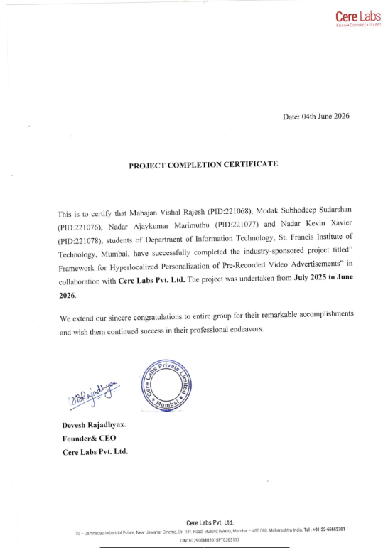 Cere Labs project completion certificate for the H-adGen project